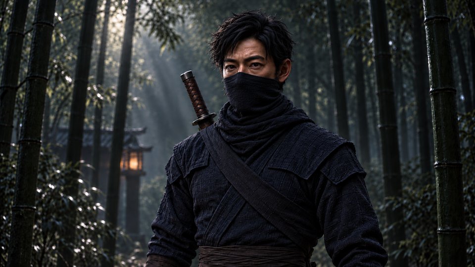 Jiro, masked and armed, in dark indigo cloth, standing watch in a softly lit bamboo grove.